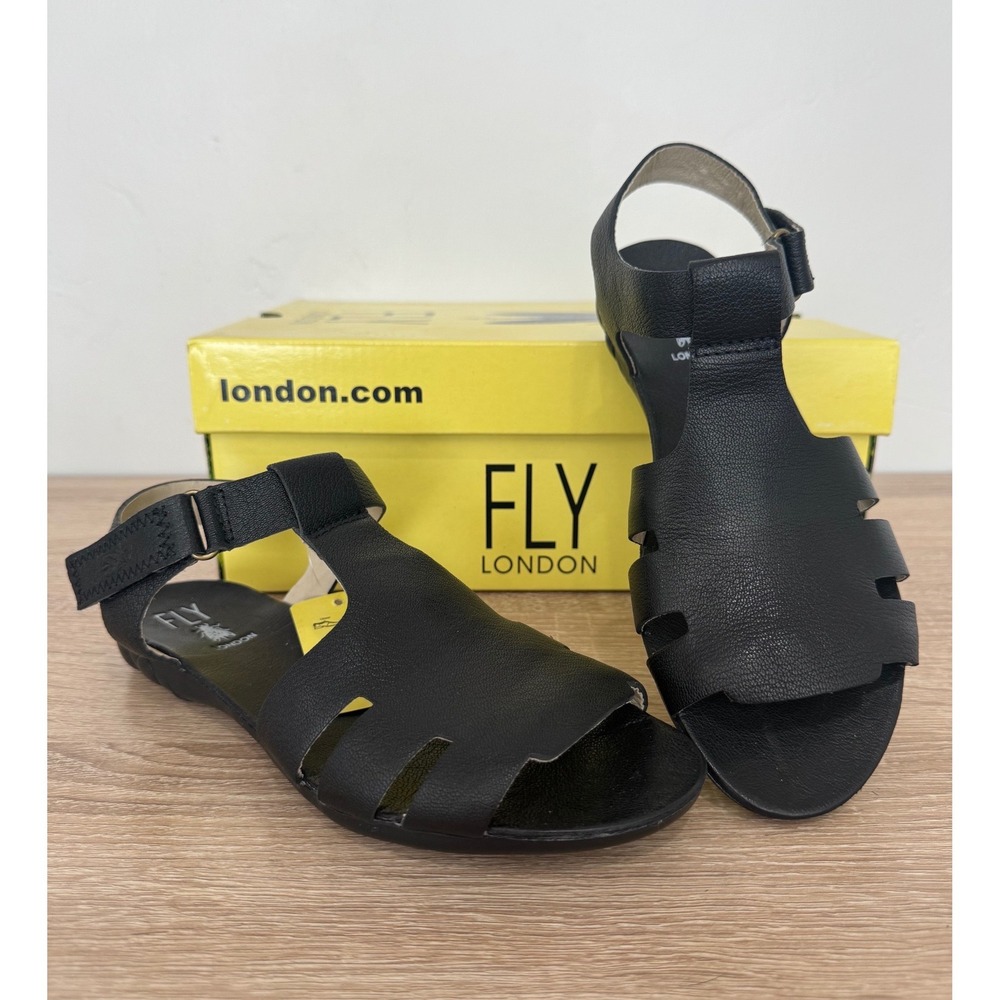 NEW Fly London Fely Mousse Black Leather Sandals P143622000 Womens EU 36 US 6